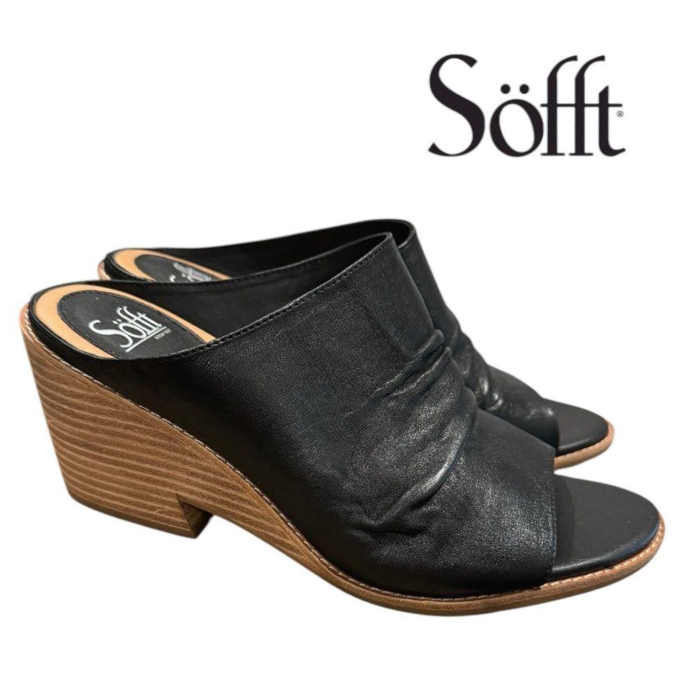 New Sofft Women's Strathmore Black Leather Heeled Slide Sandals11